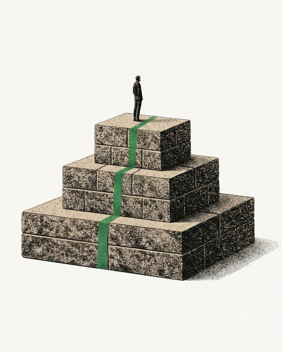 An engraved illustration: a stepped pyramid of three tiers of stone blocks, with a single green seam running straight up through every tier, and a small figure standing on top.